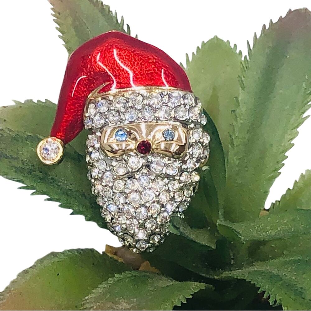 Signed Monet Christmas Brooch Rhinestone Beard Santa Claus Red Enamel Gold Tone